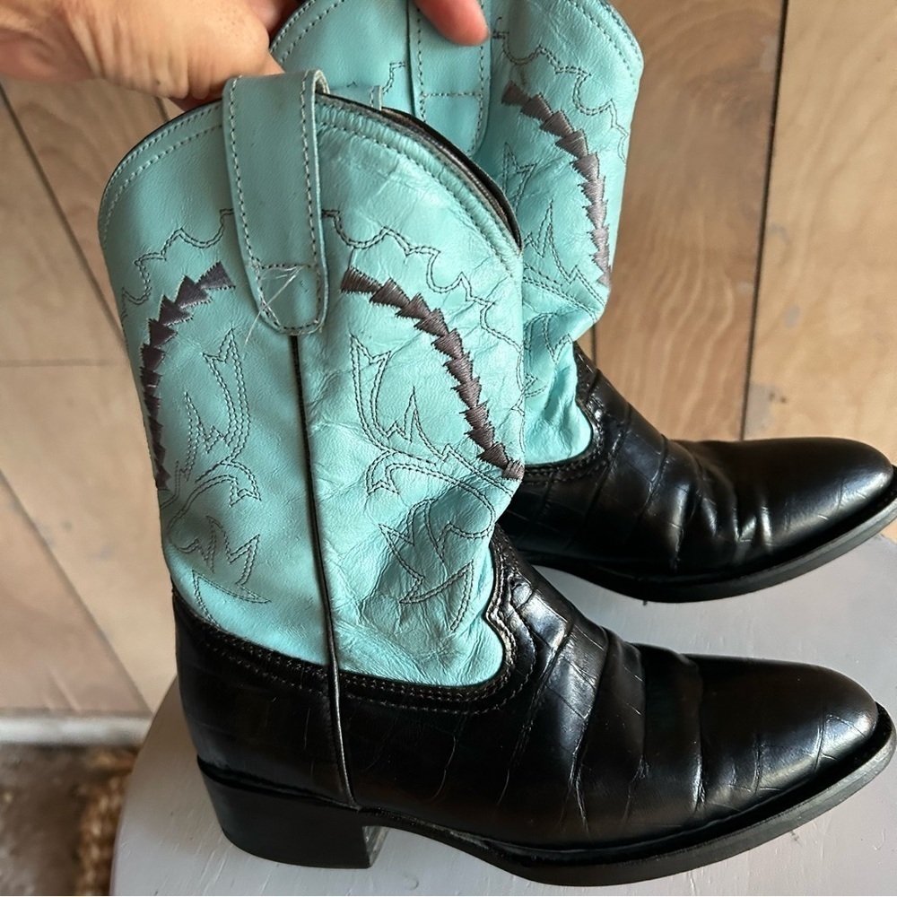 Ferrini Girls black turquoise Cowhide Leather Western Cowgirl Boots Size 13